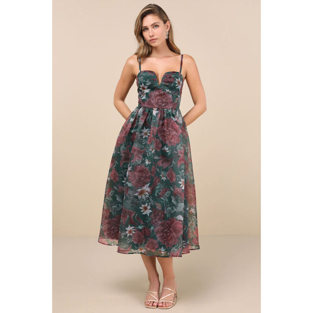 Lulus Cherished Aura Green Floral Organza Bustier Midi Dress - Size XS